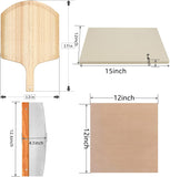 4 PCS Rectangle Pizza Stone Set, 15" Large Pizza Stone for Oven and Grill with Pizza Peel (OAK), Pizza Cutter & 10pcs Cooking Paper for Free, Baking Stone for Pizza, Bread, BBQ