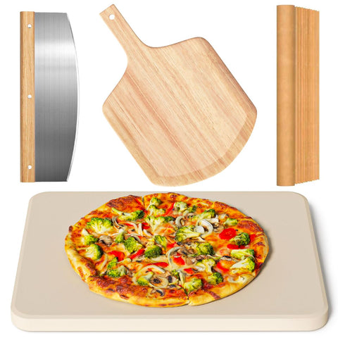 4 PCS Rectangle Pizza Stone Set, 15" Large Pizza Stone for Oven and Grill with Pizza Peel (OAK), Pizza Cutter & 10pcs Cooking Paper for Free, Baking Stone for Pizza, Bread, BBQ