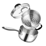 Stainless Steel Saucepan with Steamer,2.5 Qt Small Multipurpose Pot with Pour Spout, Strainer Glass Lid, 2 Quart Sauce Pan for Cooking with Stay-cool Handle.