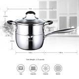 Stainless Steel Saucepan with Steamer,2.5 Qt Small Multipurpose Pot with Pour Spout, Strainer Glass Lid, 2 Quart Sauce Pan for Cooking with Stay-cool Handle.