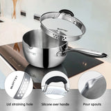 Stainless Steel Saucepan with Steamer,2.5 Qt Small Multipurpose Pot with Pour Spout, Strainer Glass Lid, 2 Quart Sauce Pan for Cooking with Stay-cool Handle.