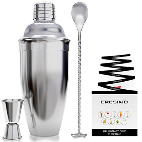 Cresimo 24-Ounce Stainless Steel Martini Cocktail Shaker and Jigger with Cocktail Recipes EBook (4 Piece Set)