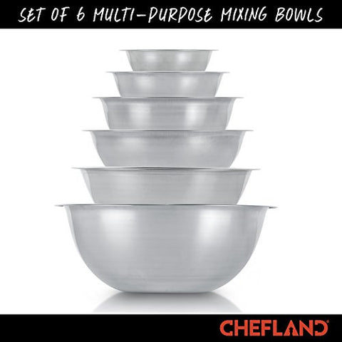 6 Piece Standard Stainless Steel Mixing Bowl Set - Mirror Finish Prep Bowls  - 3/4 Qt, 1.5 Qt, 3 Qt, 4 Qt, 5 Qt and 8 Qt