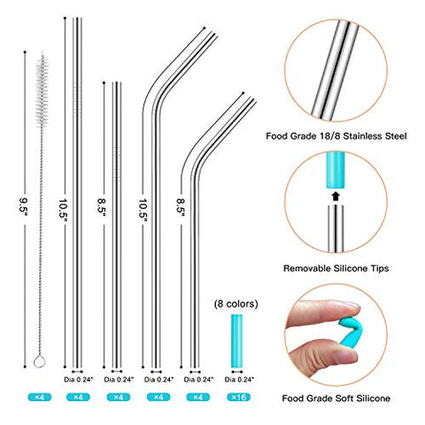 12 Set Silicone Straws with Case Reusable Straws Travel Portable