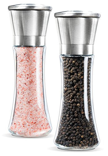 Beautiful Stainless Steel Salt and Pepper Grinder Set of 2 - Pepper Mill &  Salt Mill with Adjustable Coarseness - Glass Spice Shakers - Easy Clean
