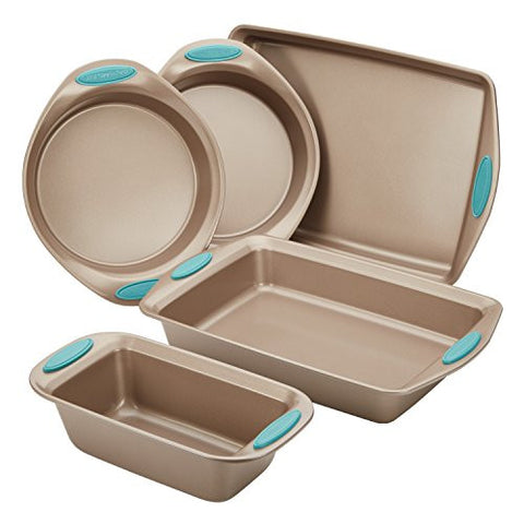 Rachael Ray Nonstick Bakeware 5-Piece Set, Latte Brown with Agave Blue Handle Grips