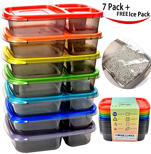 Youngever 7 Pack 3-Compartment Bento Lunch Box, Meal Prep
