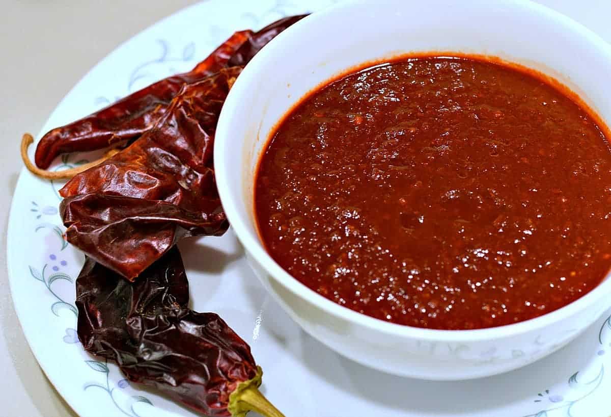 Salsa Red served in a bowl, showing a smooth red chili sauce used for enchiladas
